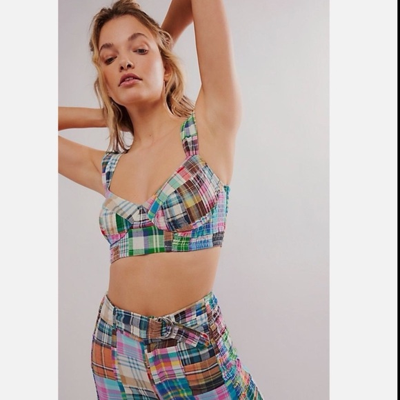 NWT Free People Keep Me Set Two Piece Capri Pants Crop Top Plaid Size 2 - Picture 12 of 12